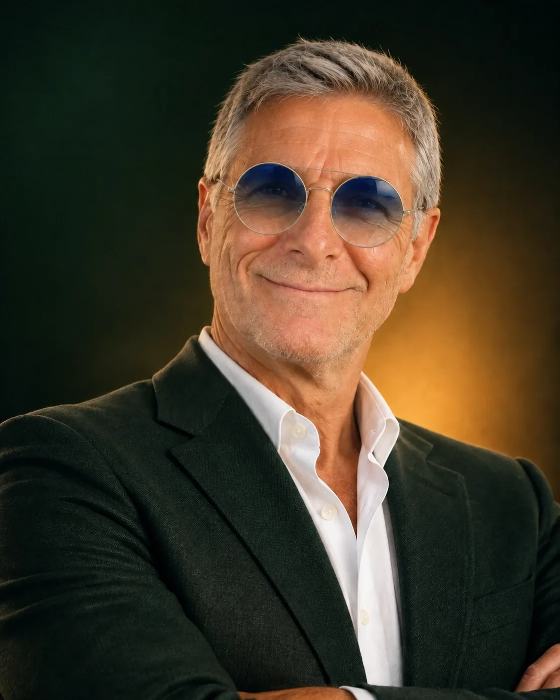 James A Gaudino Sr. wearing a dark green blazer and round glasses