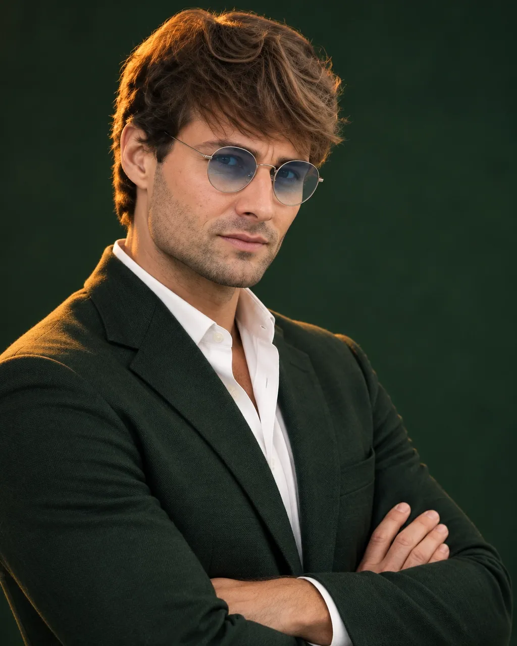 Next-generation coach wearing a dark green blazer and round glasses